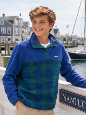 Lands' End Green & Blue Plaid Snap‑Placket Fleece Pullover